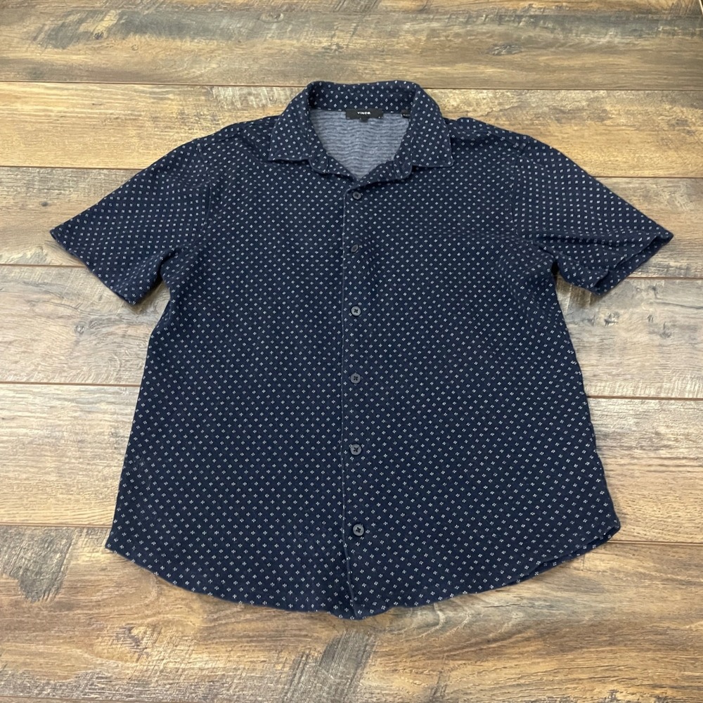 Vince Mens Small Navy Blue Diamond Print Short Sleeve Button Down Cotton Shirt